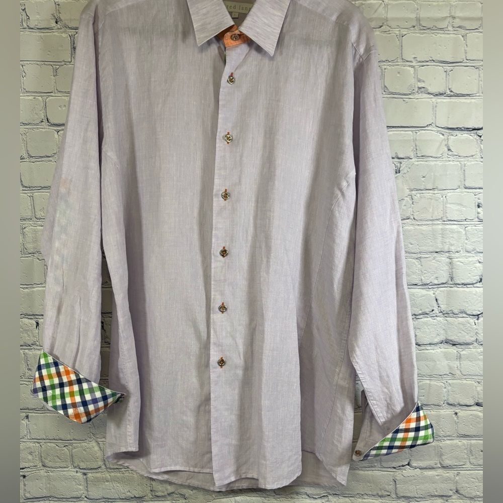 Jared Lang Lilac Luxury Classic Cotton Linen Flip Cuff Button Up Shirt L - Picture 2 of 10